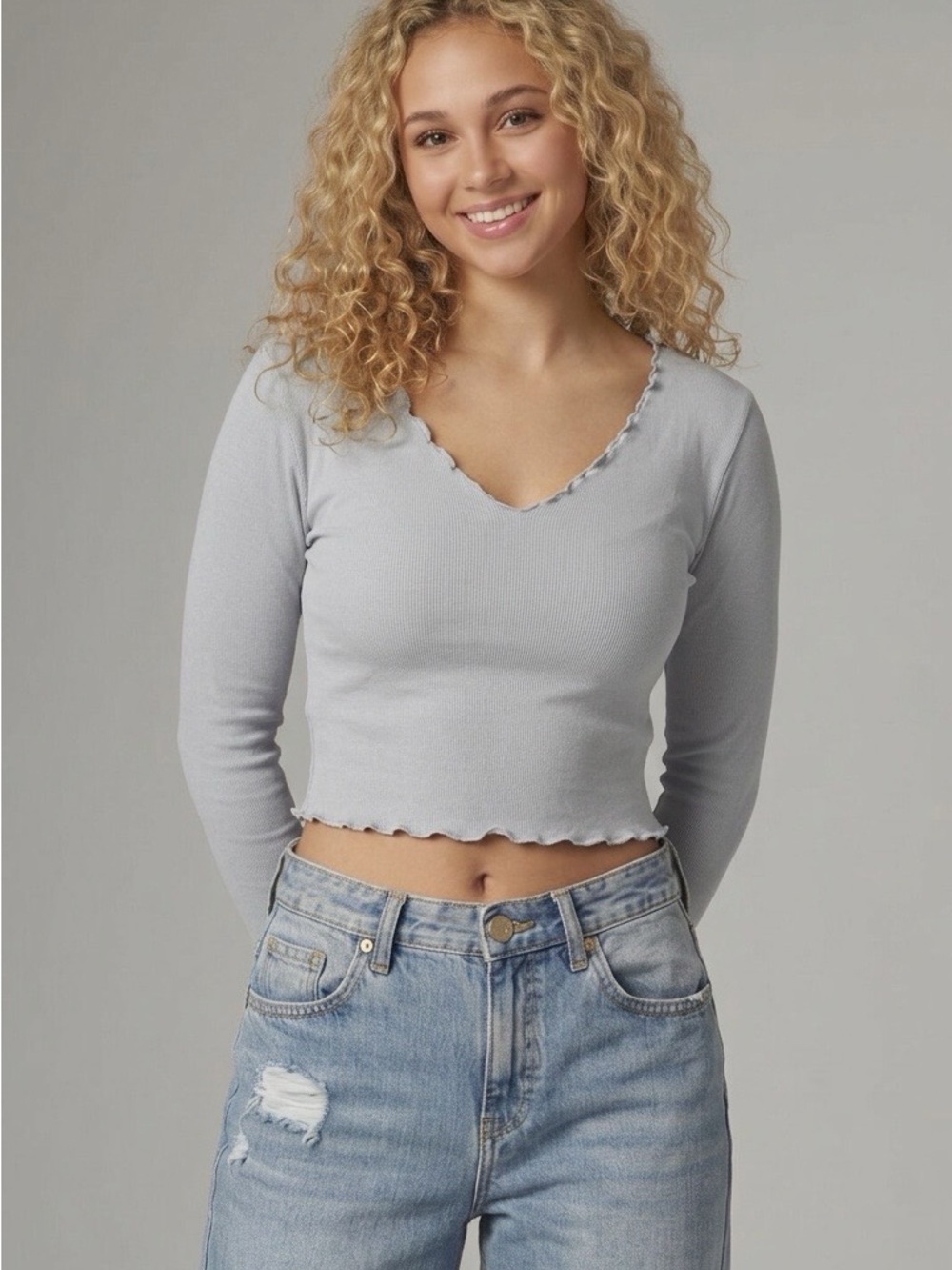 OQQ Long Sleeve Ruffle-Trim Crop Top - Light Gray LARGE